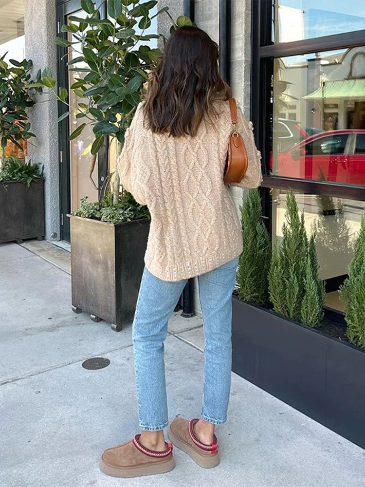 3D Flower Knit Pullover Women Loose Fashion Sequin Round Neck Long Sleeves Jumper Female Autumn Winter Warm Knitwears Lady
