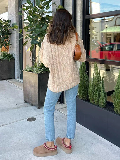 3D Flower Knit Pullover Women Loose Fashion Sequin Round Neck Long Sleeves Jumper Female Autumn Winter Warm Knitwears Lady