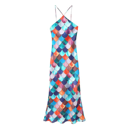 Halter Neck Fish Scale Mosaic Print Bodycon Maxi Dress