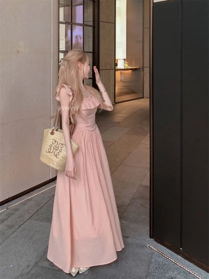 Sweet Gentle Square Neck Dress Summer New Temperament Waist-sharp Mid-length Dress