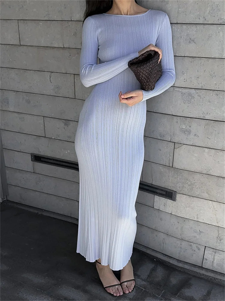 Rib Knit Crew Neck Long Sleeve Bodycon Maxi Dress