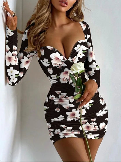 Sweetheart Neck Long Sleeve Floral Print Ruched Bodycon Mini Dress