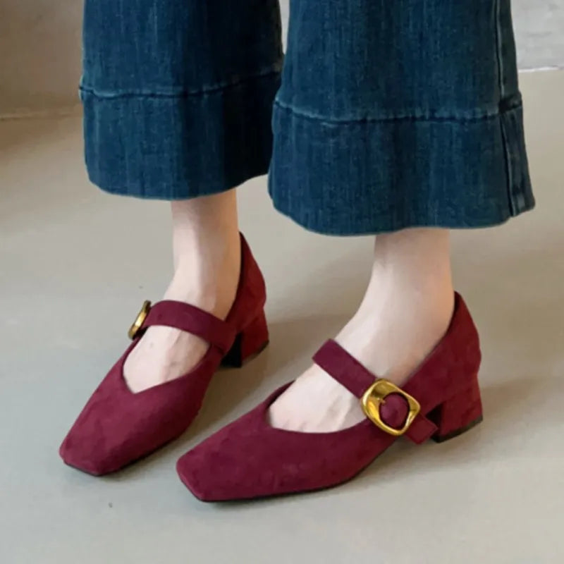 Women's Mary Janes Vintage Faux Suede Pumps Square Toe Dress Shoes Autumn Buckle Strap High Heels Ladies Shoes 1863