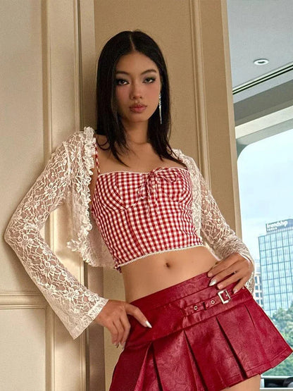 Hottie Plaid Print Camisole Irregular Edges Bow Midnight Street Sweet Versatile Skinny 2025 Summer Trend Daliy Mini Tops