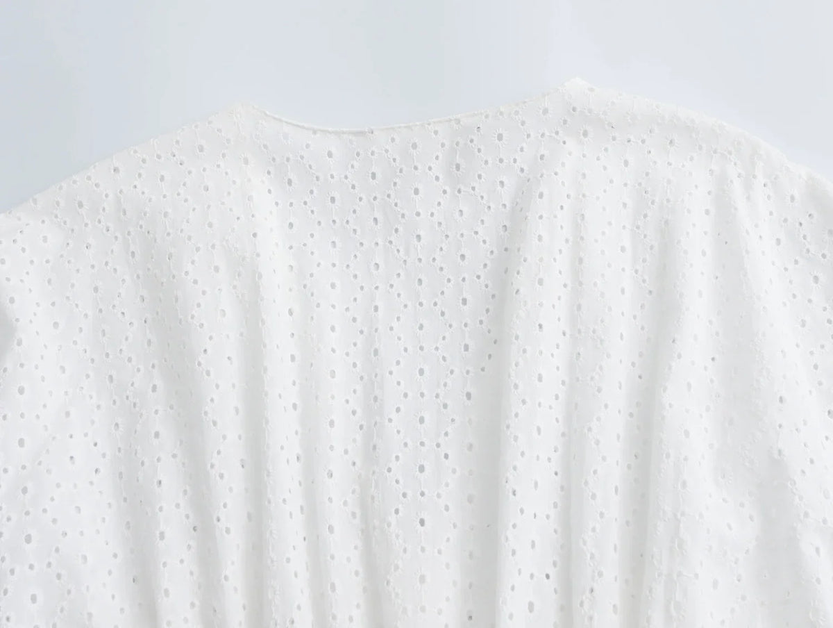 Lantern Sleeve Flower Embroidery Short Dress Elastic Waist A-line White Women Dress Vacation Casual Summer Dresses