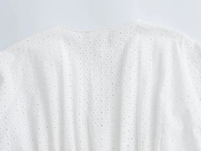 Lantern Sleeve Flower Embroidery Short Dress Elastic Waist A-line White Women Dress Vacation Casual Summer Dresses