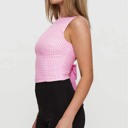 Y2K Cute Open Back Bow Decor Slim Fit Plaid Cami Top