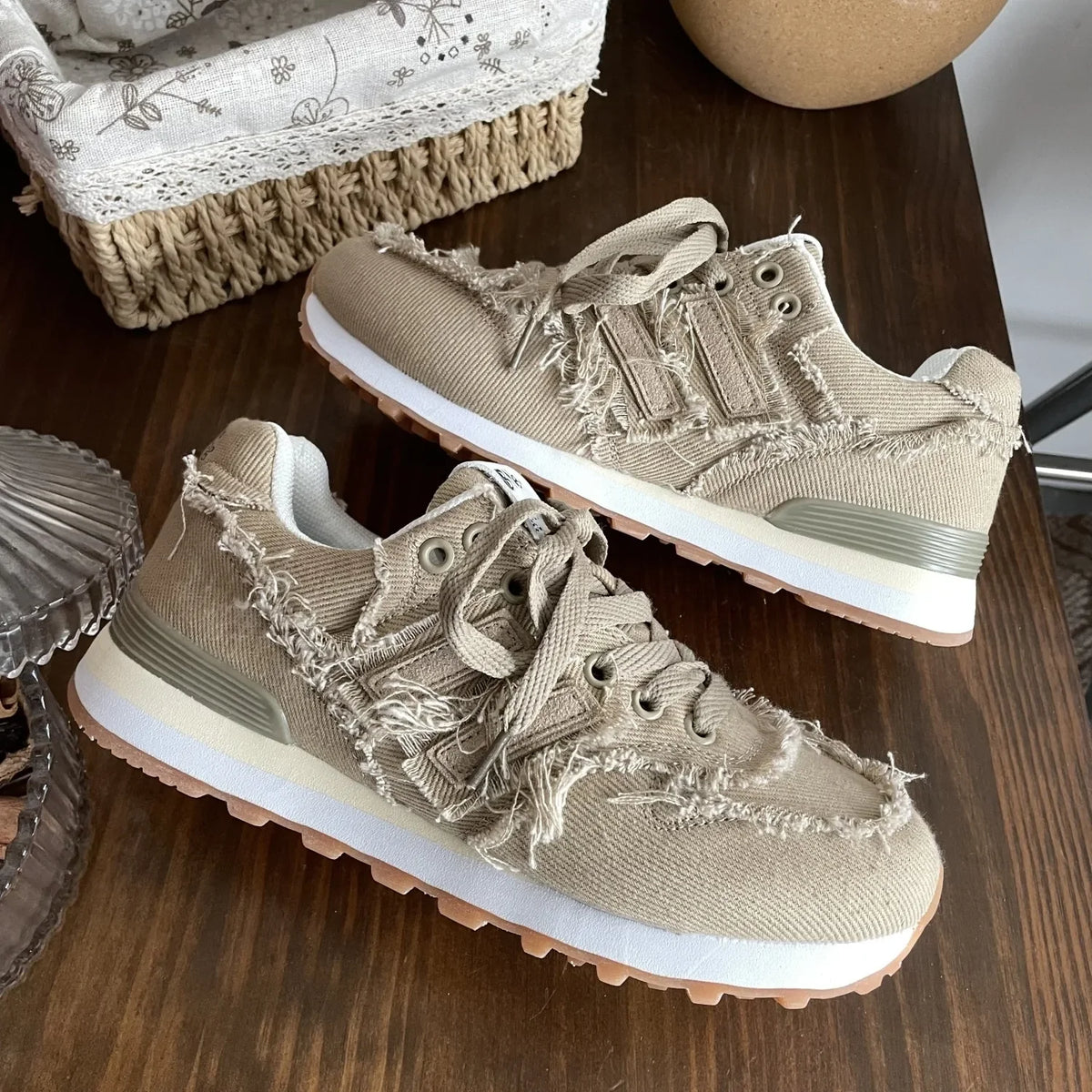 Shoes Woman Round Toe Casual Female Sneakers Espadrilles Platform New Retro Sports Fabric Fretwork Lace-Up Rubber Solid Lei