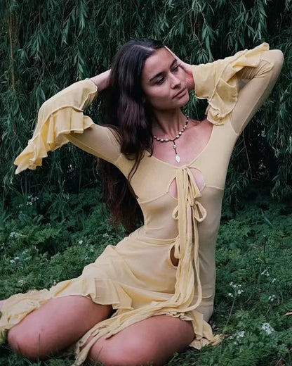 Deep U-Neck Tie Front Bell Cuff Ruffle Slit Maxi Dress