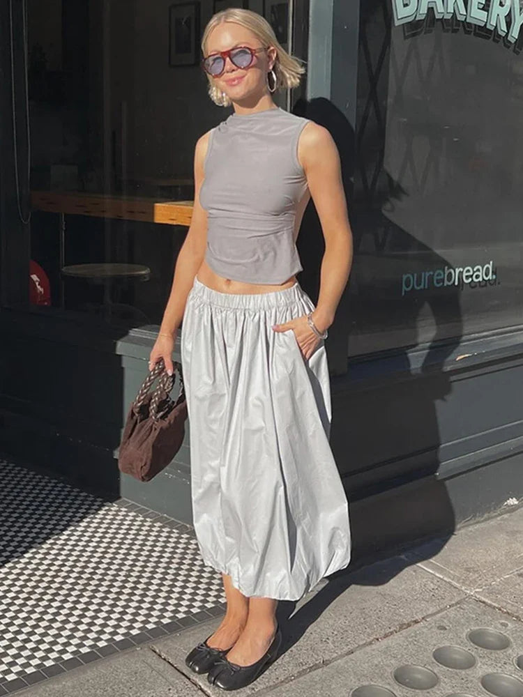 Solid Color Fold Skirts For Women Elastic High Waisted With Pocket Loose Fashion Patchwork Summer New Long Skirt Female