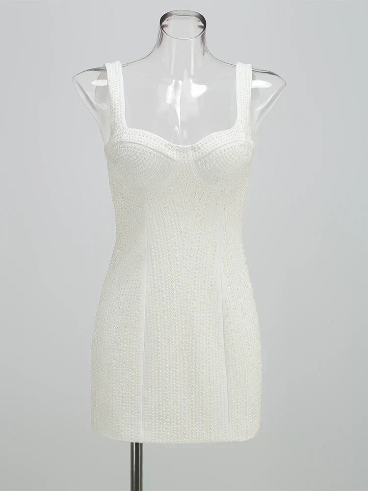 Square Neck Pearl Embellished Column Bodycon Mini Dress