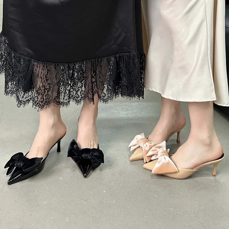 Sexy Bowknot Women Slippers Pointed Toe Stiletto Low Heels Mules Slides Party Dress Summer Shoes