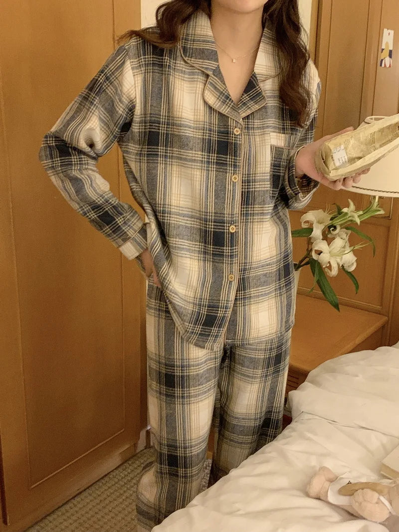 New Women's Pajama Set Fall/Winter Style Long Sleeve Long Pants Gray Plaid Shirt Loungewear Set Can Be Worn Out