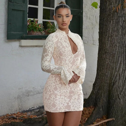 Mock Neck Keyhole Cutout Floral Lace Bell Sleeve Bodycon Mini Dress