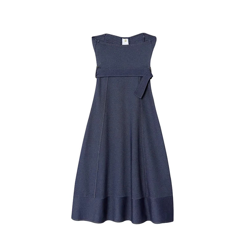 Elegant Off Shoulder Belt Women's Denim Dress Solid Backless Sleeveless Strapless A-line Dresses 2025 Summer Fashion Lady Robes