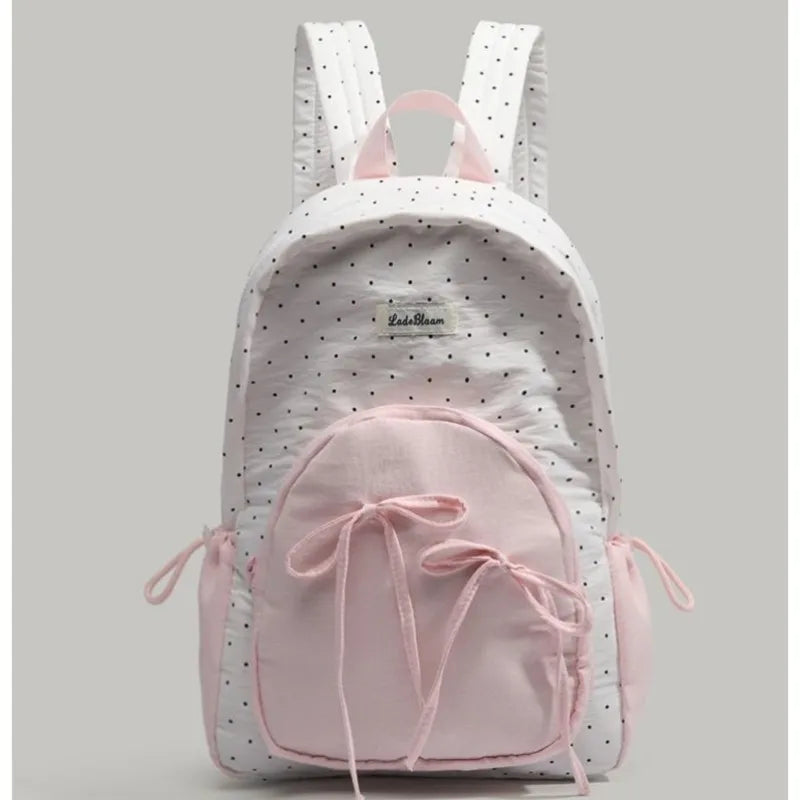Patchwork Contrast Color Dot Bow Backpack Woman Kawaii Cute Y2K Aesthetic Sweet Schoolbag Ladies High Capacity Chic Mochila 2025
