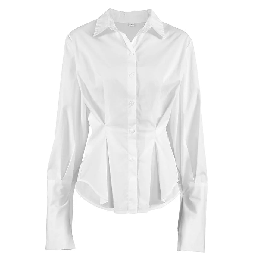 Pure cotton shirt for women, high-end, light luxury, versatile, pleated, waist cinching, slim fit, long sleeved, lapel shirt