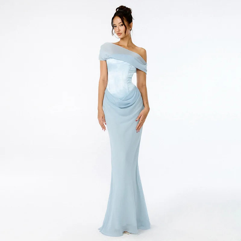 One Shoulder Draped Cowl Corset Waist Satin Column Maxi Gown
