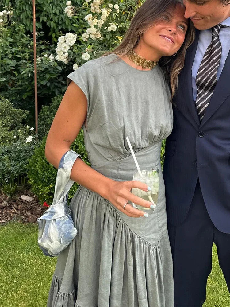 Elegant Grey Spliced Dress For Women Fashion Solid Short Sleeve Pleated Vestidos Summer New Office Lady Evening Party Robe