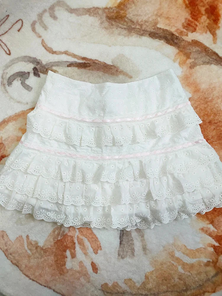 Cotton Shorts Skirt Women Lace Embroidery Elastic Waist Cute Mini Cake Skirt for Sweet Girls Lolita Style Kawaii Clothes