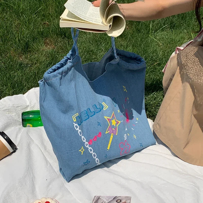 High-capacity Personality Graffiti Denim Handbags Y2k Kawaii Letter Print Tote Bags Women Preppy Sweet Ins Shoulder Underarm Bag