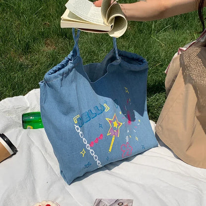 High-capacity Personality Graffiti Denim Handbags Y2k Kawaii Letter Print Tote Bags Women Preppy Sweet Ins Shoulder Underarm Bag