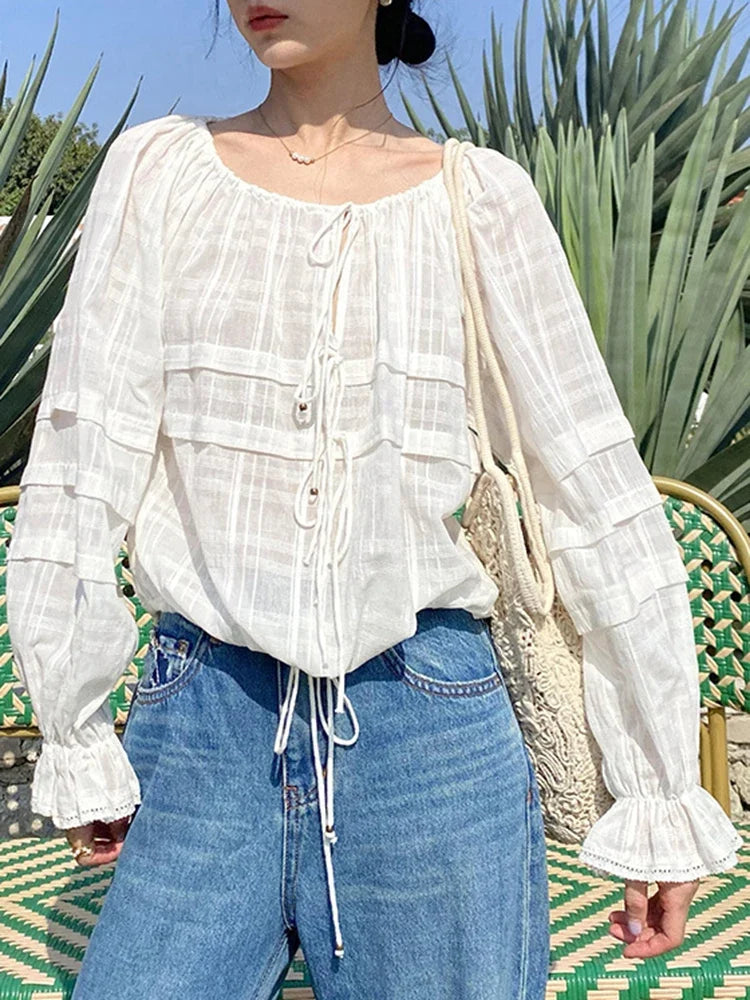 Elegant Chic Loose Shirt Blouse Spring Summer 100% Cotton Long Sleeve Sheer Tiered Vintage Women Ladies Blouse Tops