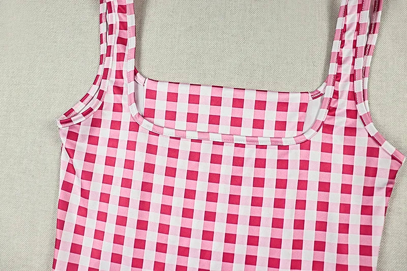 Cute Pink Checkered Mini Dress Square Neck Sleeveless Slim Waist Ruched Bubble Hem A-Line Summer Short Dress for Women