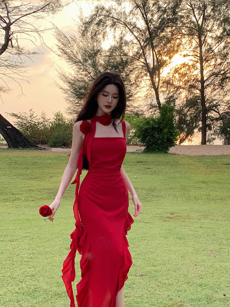 Fashionable Suspender Sexy Floral Red Dress Summer Print Elegant V-neck Pullover Tie Tight Women's Backless Long Dress Z639
