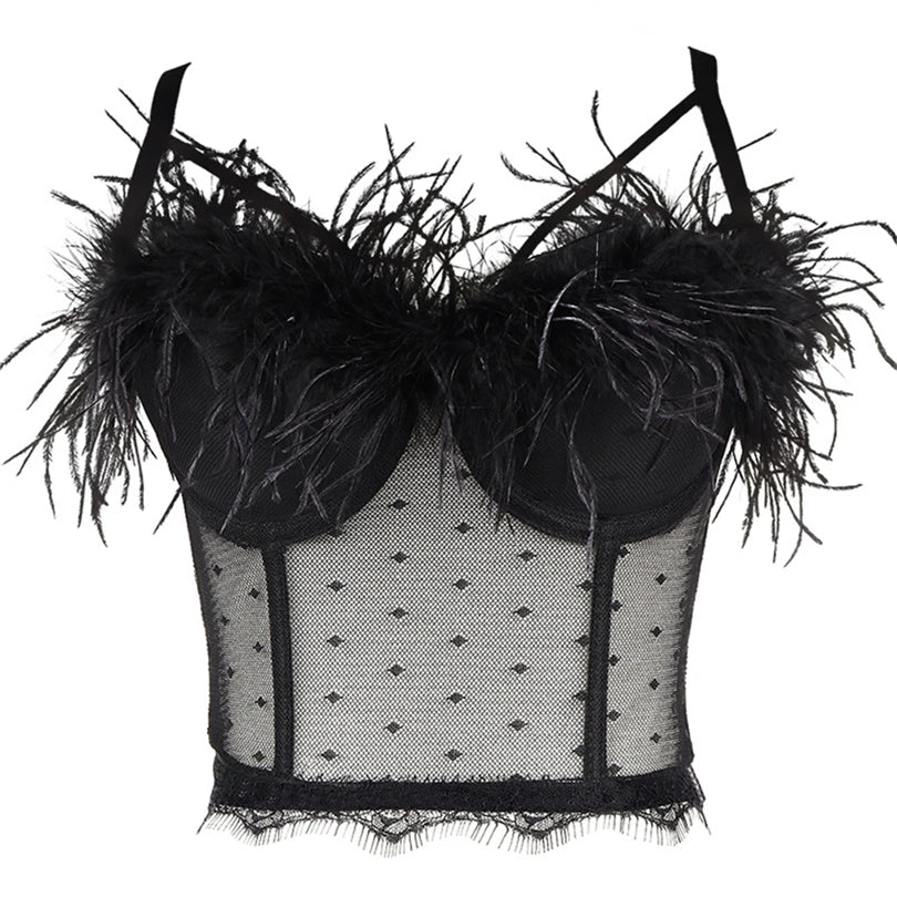 Summer New Women Mesh Lace Feather Camisole Bustier Bra Cropped Tops Beading Fishnet Hot Diamond Sexy Sleeveless Vest Slim