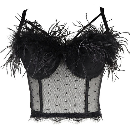 Summer New Women Mesh Lace Feather Camisole Bustier Bra Cropped Tops Beading Fishnet Hot Diamond Sexy Sleeveless Vest Slim