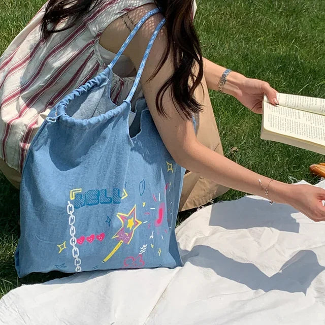 High-capacity Personality Graffiti Denim Handbags Y2k Kawaii Letter Print Tote Bags Women Preppy Sweet Ins Shoulder Underarm Bag