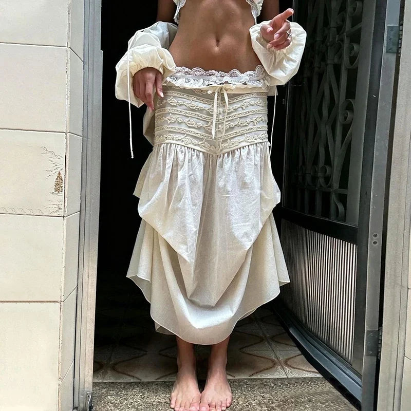 Vintage Irregular Midi Skirt Women Vacation Beach Lace Patchwork Dresses Summer Ladies Fairy Korean Design Asymmetrical Faldas