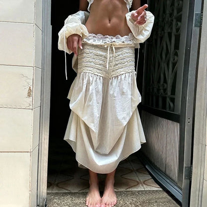 Vintage Irregular Midi Skirt Women Vacation Beach Lace Patchwork Dresses Summer Ladies Fairy Korean Design Asymmetrical Faldas