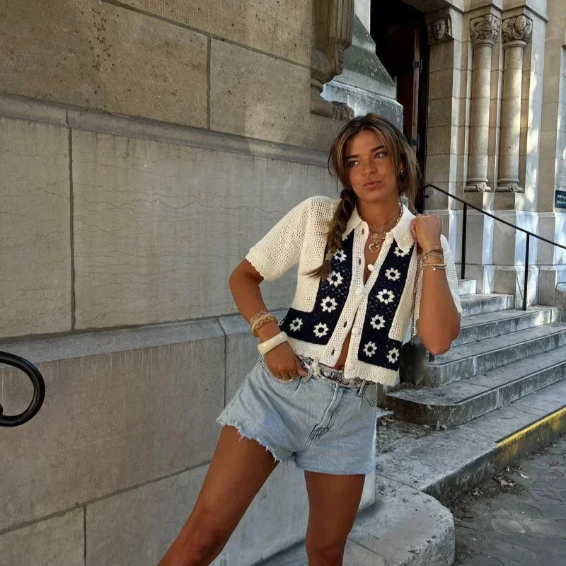 Casual Knitted Floral Cardigan Women Hollow Out Lapel Single Breasted Short Sleeve Sweaters 2024 Autumn New Lady Tops
