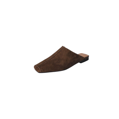 New Genuine Kid Suede Low Heels Slippers Women Covered Toe Natural Leather Casual Slippers Female Daily Walk Slippers