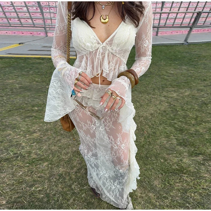 Sexy Ruffle Top Lace Skirt Set Women Loose Lace Up Flare Sleeve Tops See Through Long Skirts 2025 Summer Lady Party Solid Suits