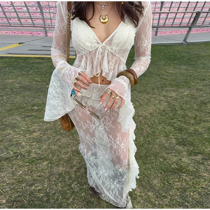 Sexy Ruffle Top Lace Skirt Set Women Loose Lace Up Flare Sleeve Tops See Through Long Skirts 2025 Summer Lady Party Solid Suits