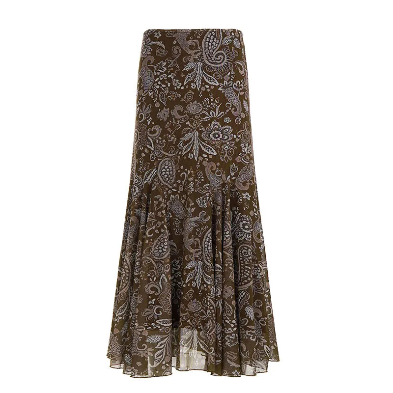 Women's Vintage Brown Floral Print Maxi Skirt New Spring Summer Retro Style A Line Long Skirt Casual Boho Outfit No Belt