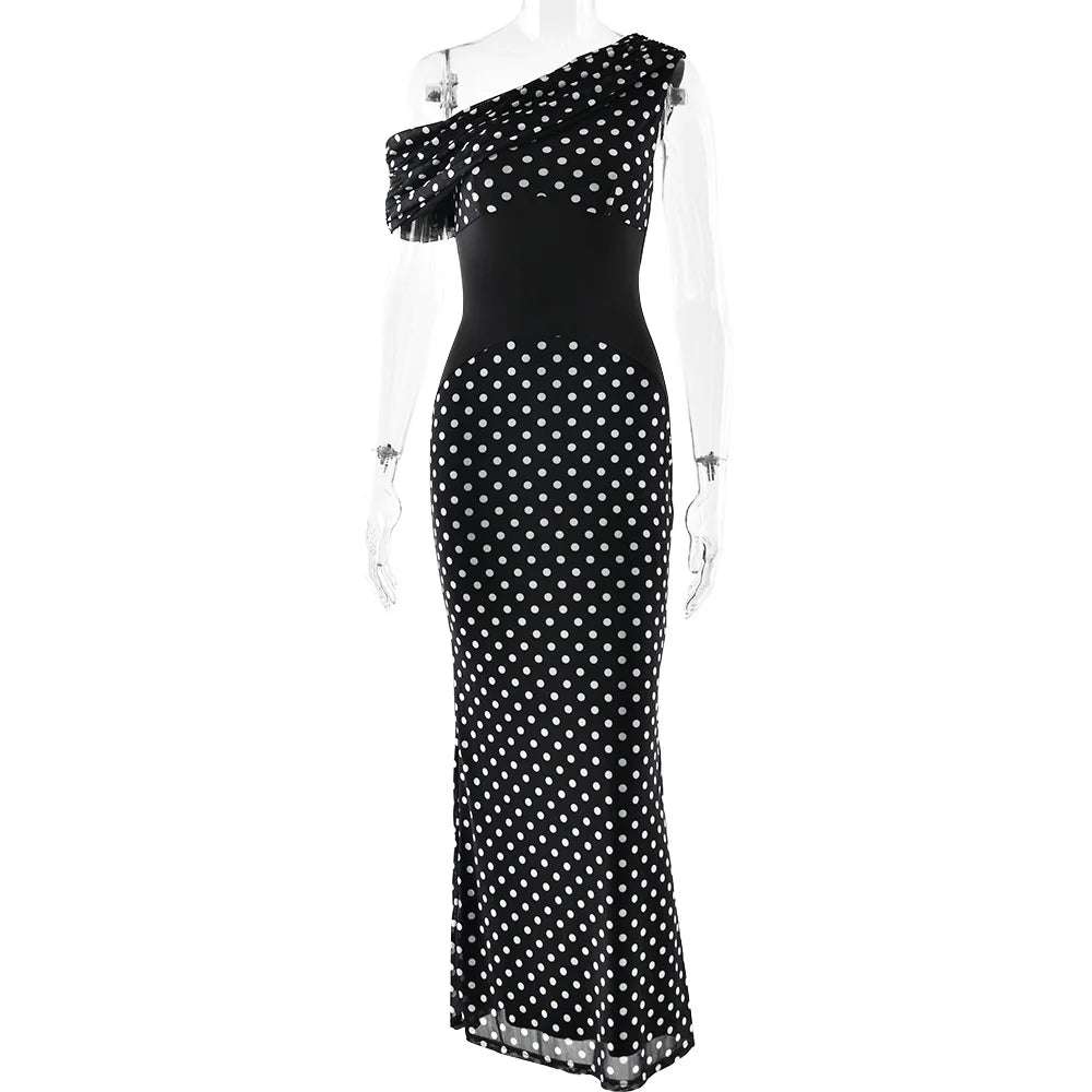 Personalized Design Diagonal Neck Off-the-shoulder Polka Dot Dress Female Sexy Slim Mesh See-through Backless Dress