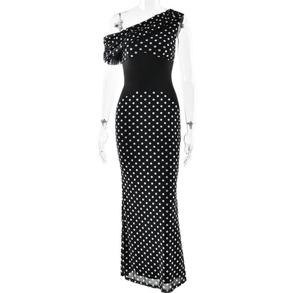 Personalized Design Diagonal Neck Off-the-shoulder Polka Dot Dress Female Sexy Slim Mesh See-through Backless Dress