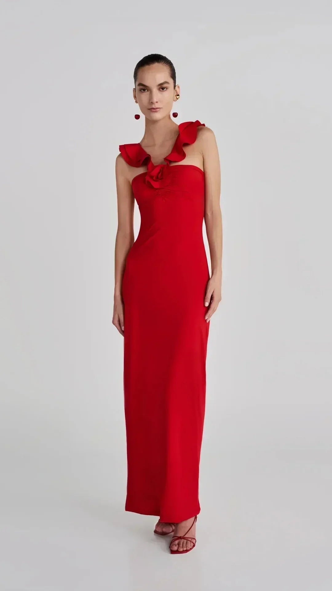 Strapless Cascading Ruffle Flower Rosette Column Maxi Dress