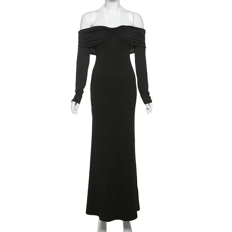 Off Shoulder Crisscross Halter Long Sleeve Column Maxi Dress