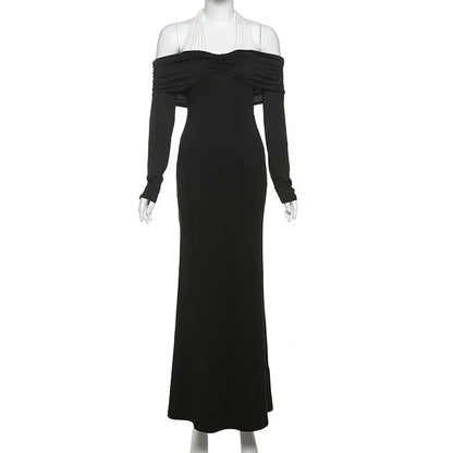 Off Shoulder Crisscross Halter Long Sleeve Column Maxi Dress
