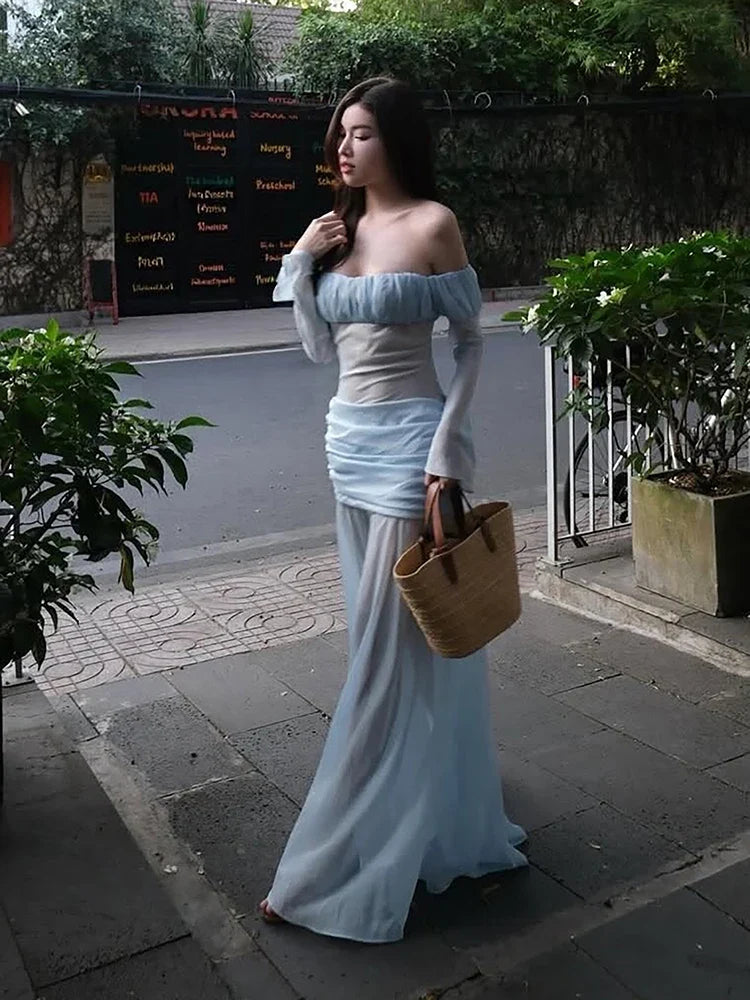 Party Maxi Dress Women Off-Shoulder Full Sleeve Folds See Through Hem Elegant Vacation Birthday Autumn Trend Vestidos