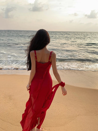 Fashionable Suspender Sexy Floral Red Dress Summer Print Elegant V-neck Pullover Tie Tight Women's Backless Long Dress Z639