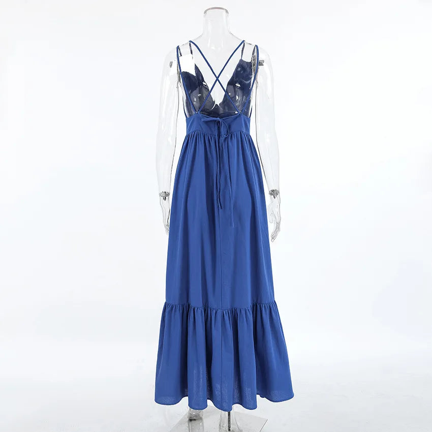 V-Neck Backless Patchwork Long Dress Women Casual High Waist Bandage Sleeveless Solid Spring 2025 New Ladies Maxi Dress
