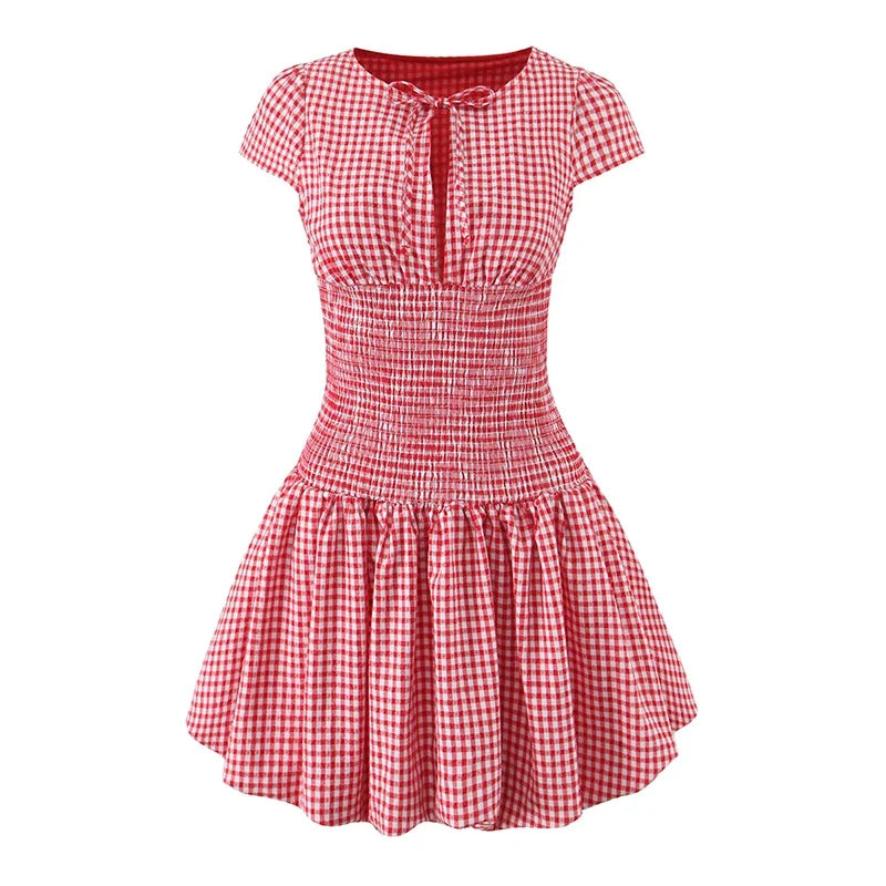 Light Blue Plaid Slim Fit Bud Mini Dress Women Short Sleeve O Neck Casual Holiday Summer Dresses Female 2026 Robe
