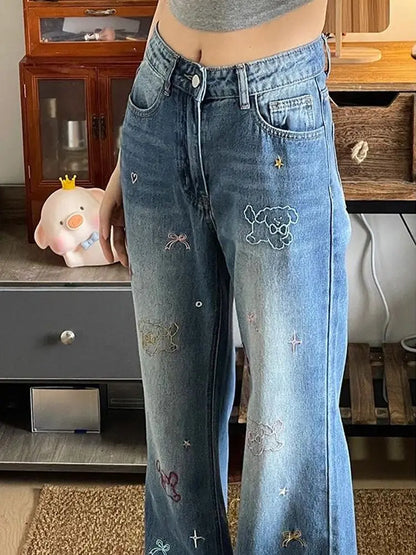 Jeans Puppy Embroidery High Waist Small Retro Design Women'S Summer Straight Slim Loose Wide Leg Pants Trendy