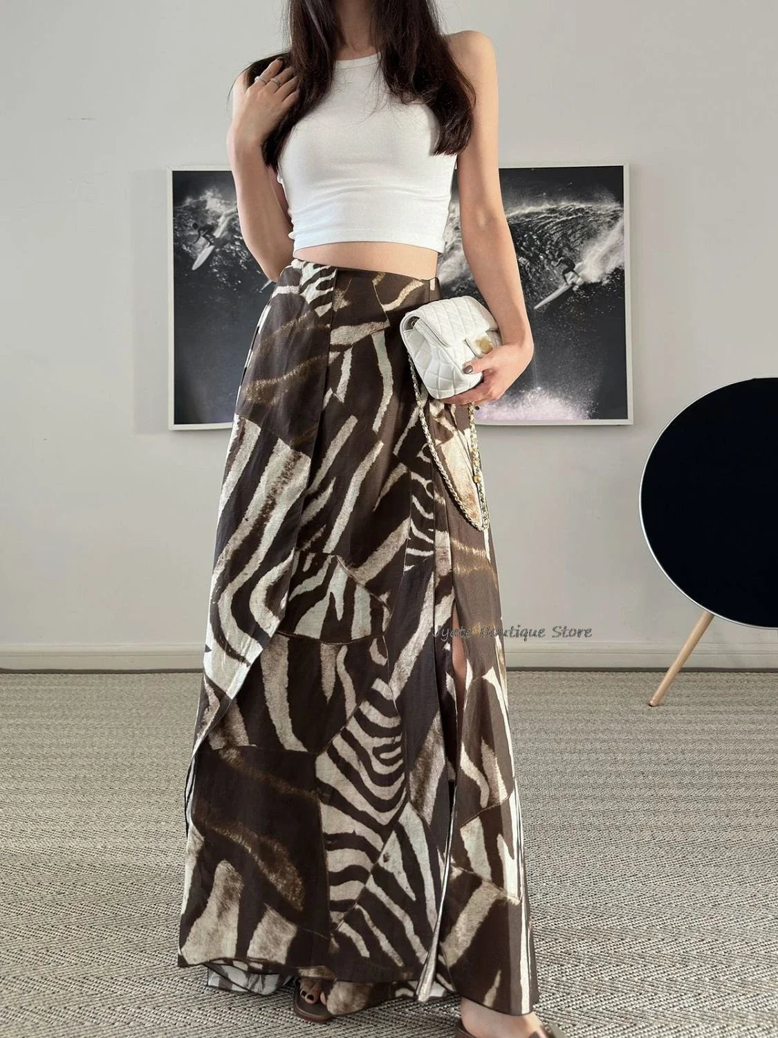 Bohemian Vacation Versatile Zebra Asymmetric Print Long Skirt With Slit A-lineretro Streetwear Women Summer Skirt 2024 New
